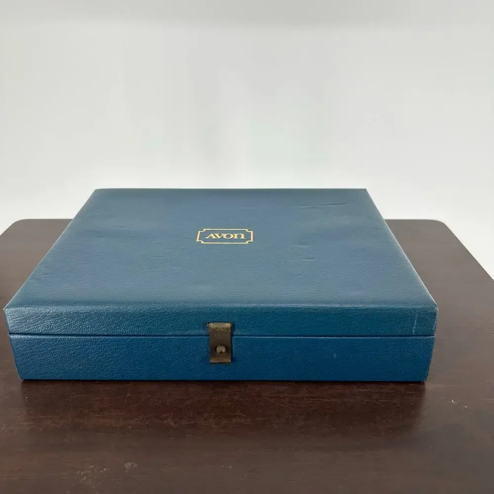 Vintage Avon Faux Leather Jewelry Box Blue Green Teal Hinged Storage Case Velvet